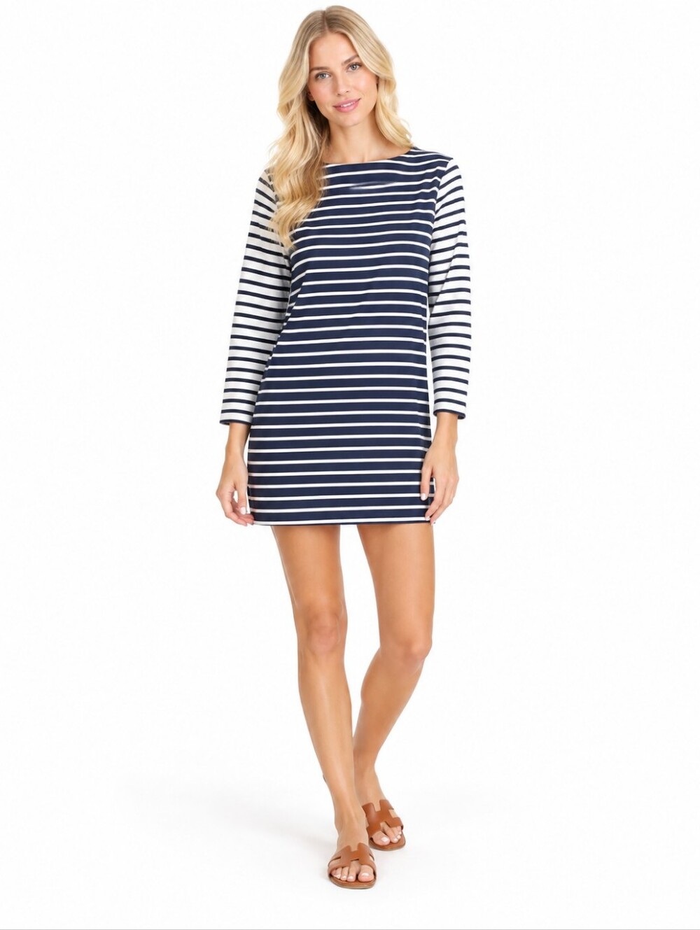 Vineyard Vines Size L Mini Shift Striped Blue White 3/4 Sleeve Dress